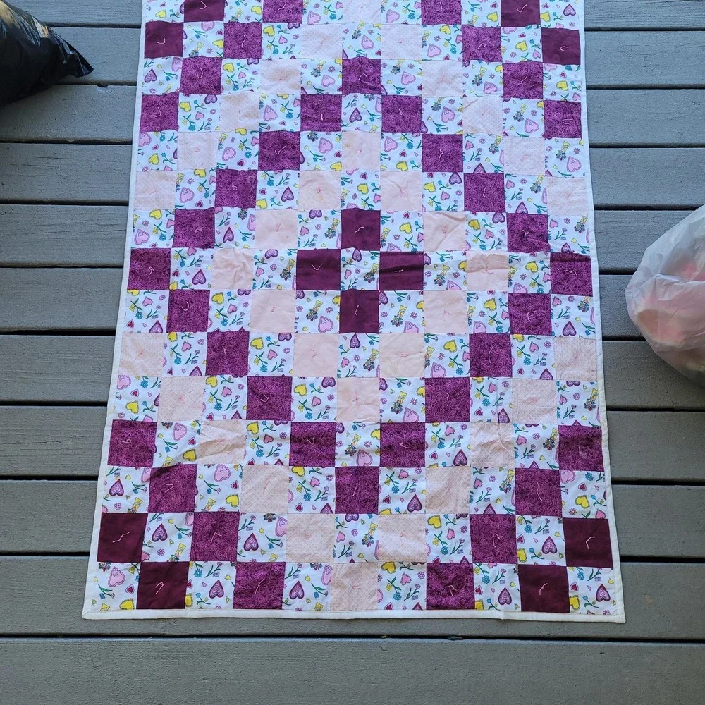 COUNTRY COTTTAGE GARDEN OF PINK FLOWERS & FUSCIA PATCHWORK THROW QUILT Handmade